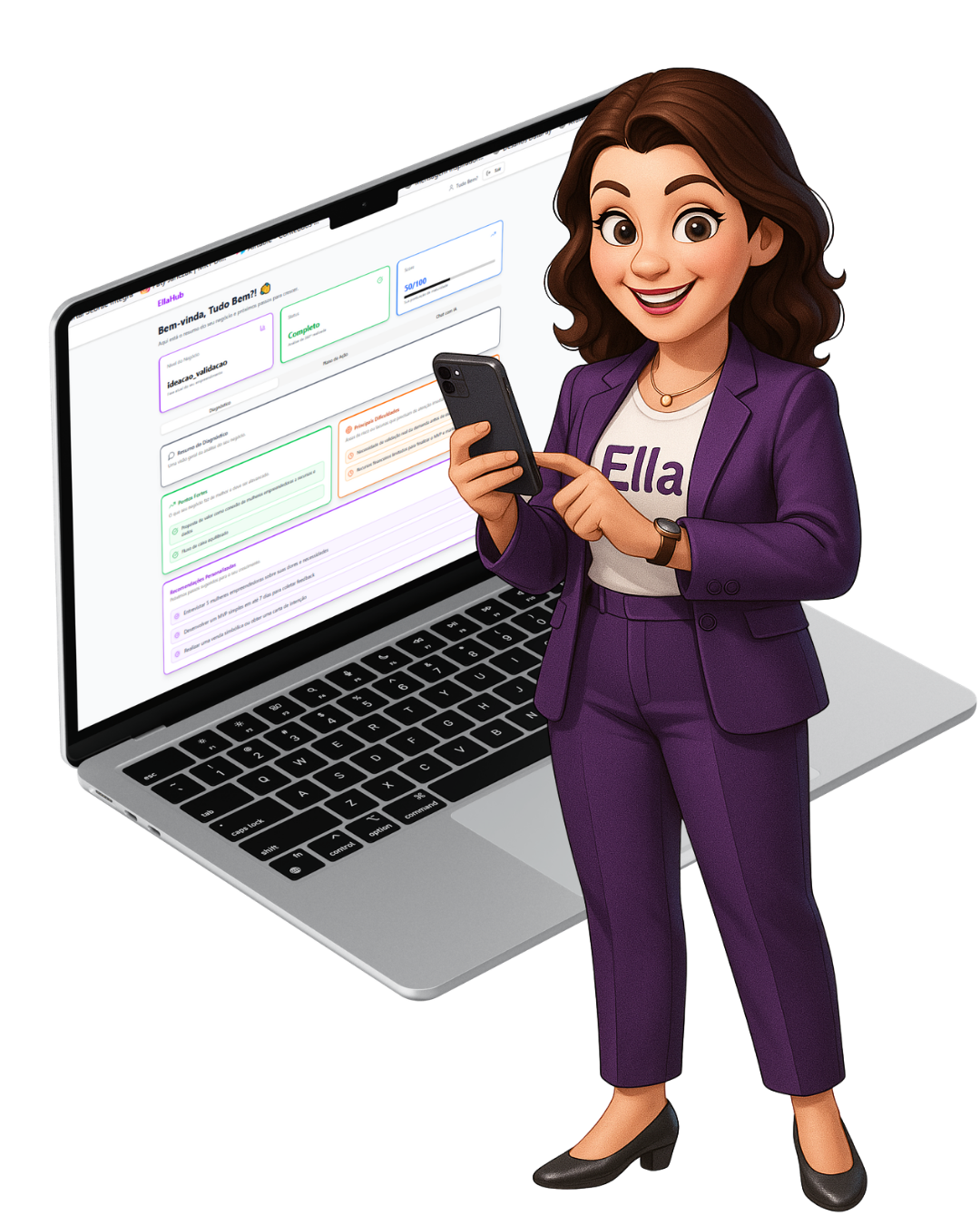 Ella Mentora ao lado de um notebook com a plataforma Ella Hub