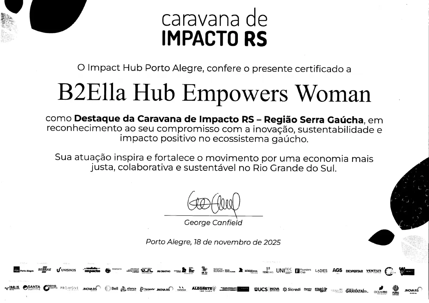 Certificado de destaque concedido ao Ella Hub na Caravana de Impacto RS