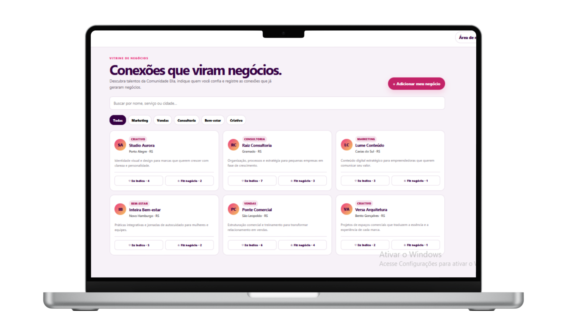 Notebook exibindo a Vitrine de Negócios da Comunidade Ella Hub