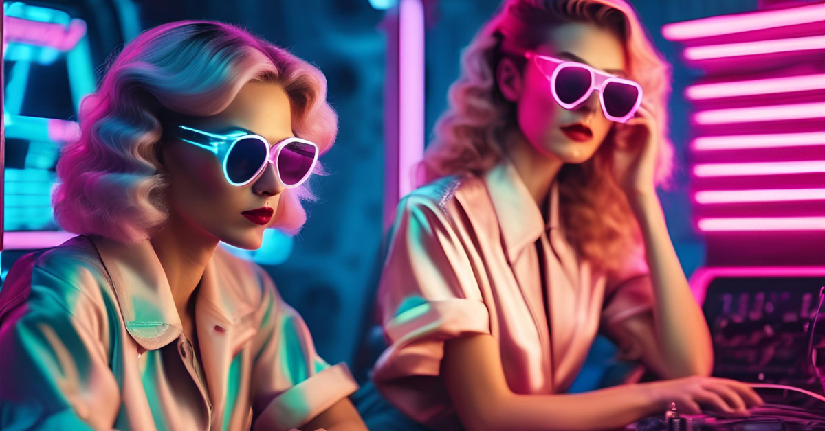 Duas mulheres com óculos futuristas diante de luzes neon