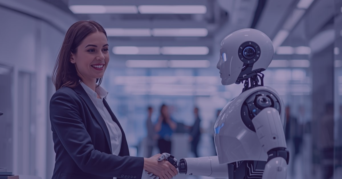 Empreendedora ao lado de um robô em ambiente corporativo