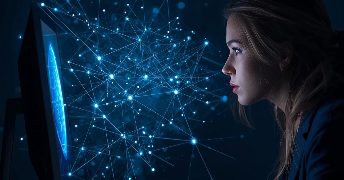Mulher diante de telas com códigos de programação