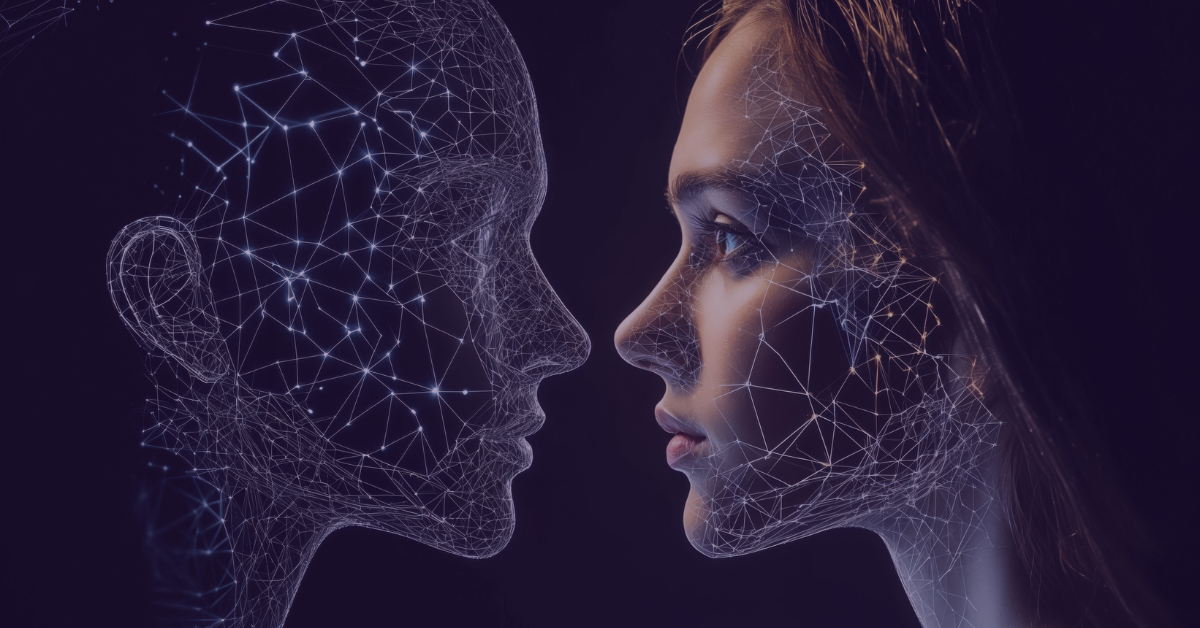 Representação digital de uma mulher e inteligência artificial