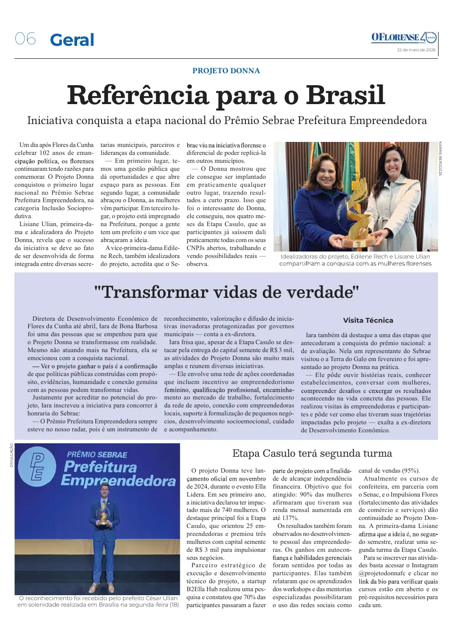 Página da reportagem de O Florense sobre o prêmio nacional